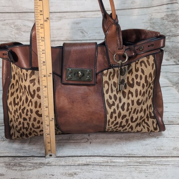 Fossil Brown Leather and Cheetah Print Weekender Tote Bag - Picture 5 of 8